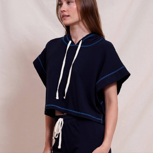 Sundry Navy Blue Jersey Knit Relaxed Short Sleeve Cropped Muscle Hoodie Lounge - Picture 1 of 10